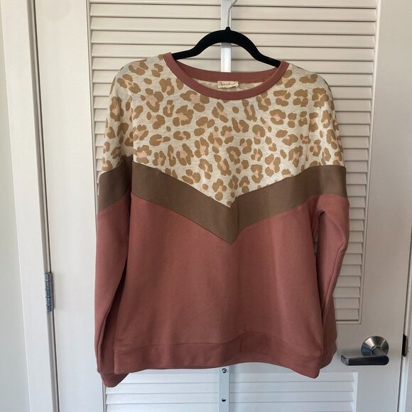 Hem & Thread Leopard Print Pullover Sweatshirt, Dusty Rose, Size S - Picture 1 of 5